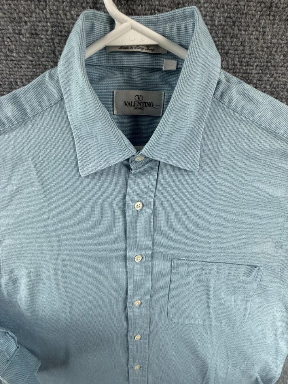 Valentino Combed Cotton Button Up Blue Green Pocket Point Long Sleeve 16.5 34/35